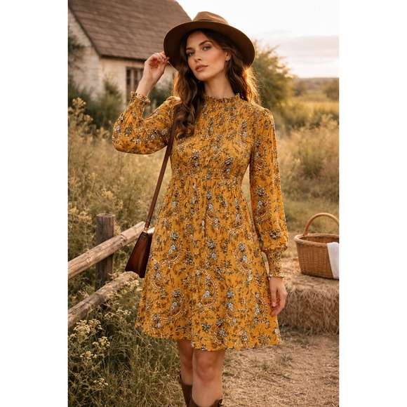 MADISON + hUDSON Dresses & Skirts - Madison + Hudson Gold Prairie Smocked Dress Size M Cottagecore Boho Country